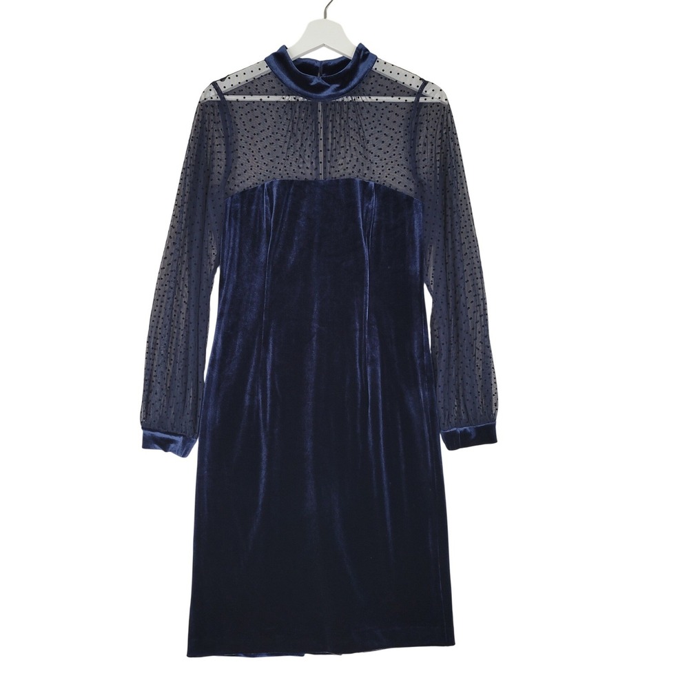 Eliza J Velvet Sheath Dress Womens Size 8 Navy Blue Polka Dot Mesh Mock Neck